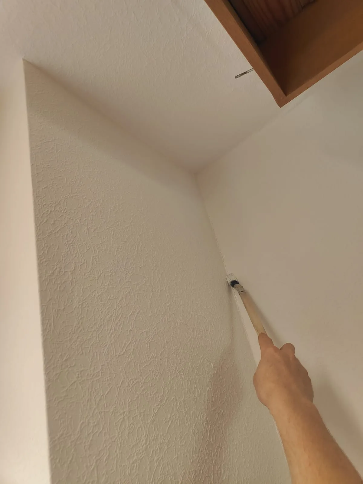 Detail: Übergang Holzdecke zu frisch gestrichener Wand